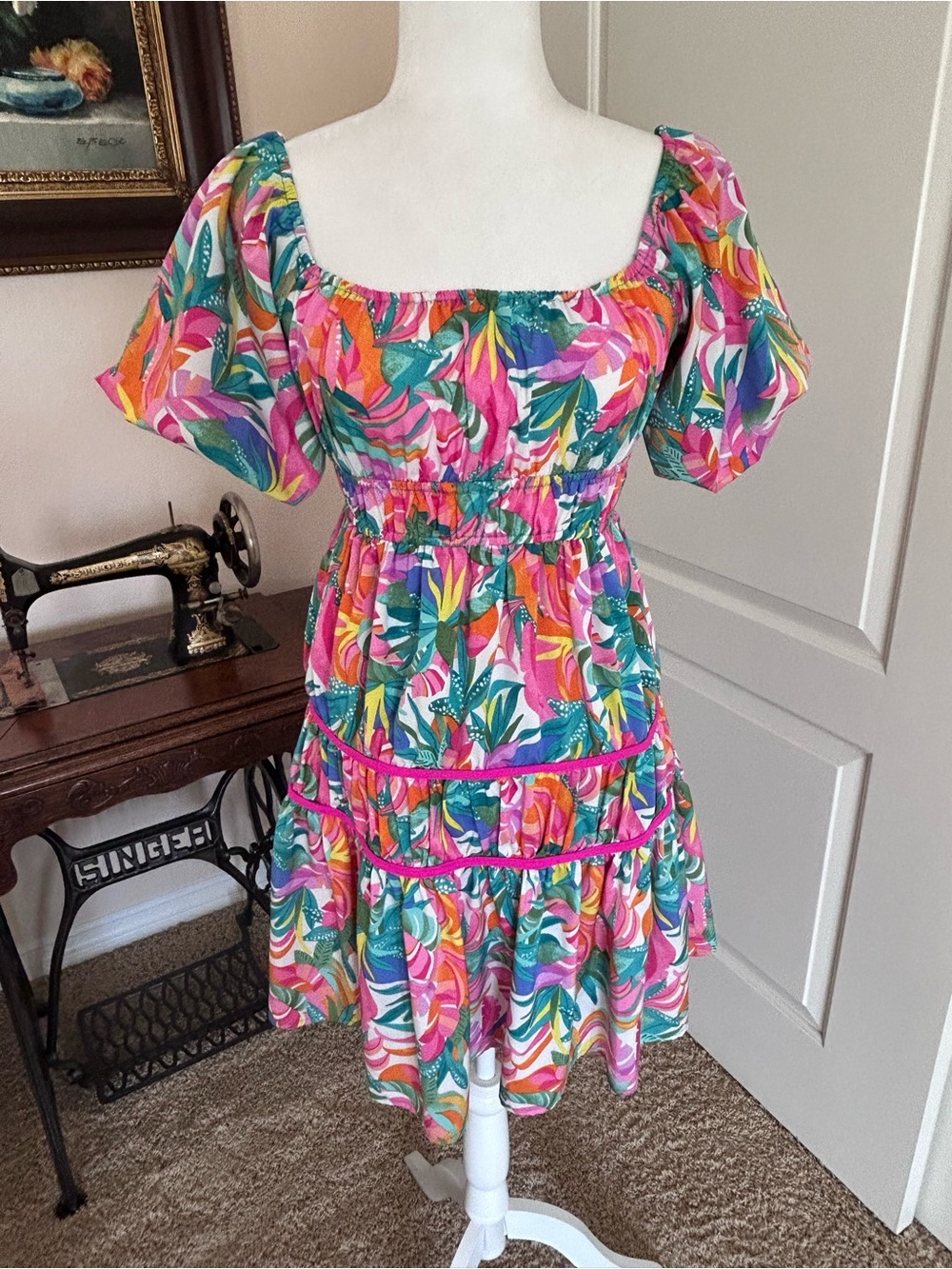 She + Sky Pink Multi Tropical Puff-Sleeve Tiered Dress
